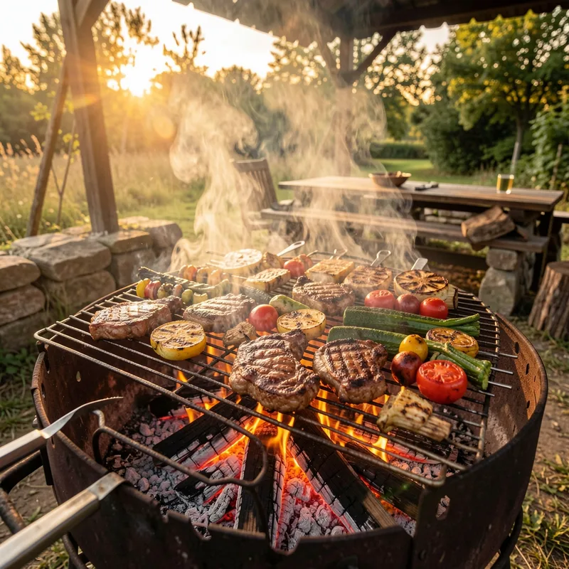 Viandes et légumes grillés sur un barbecue avec braises